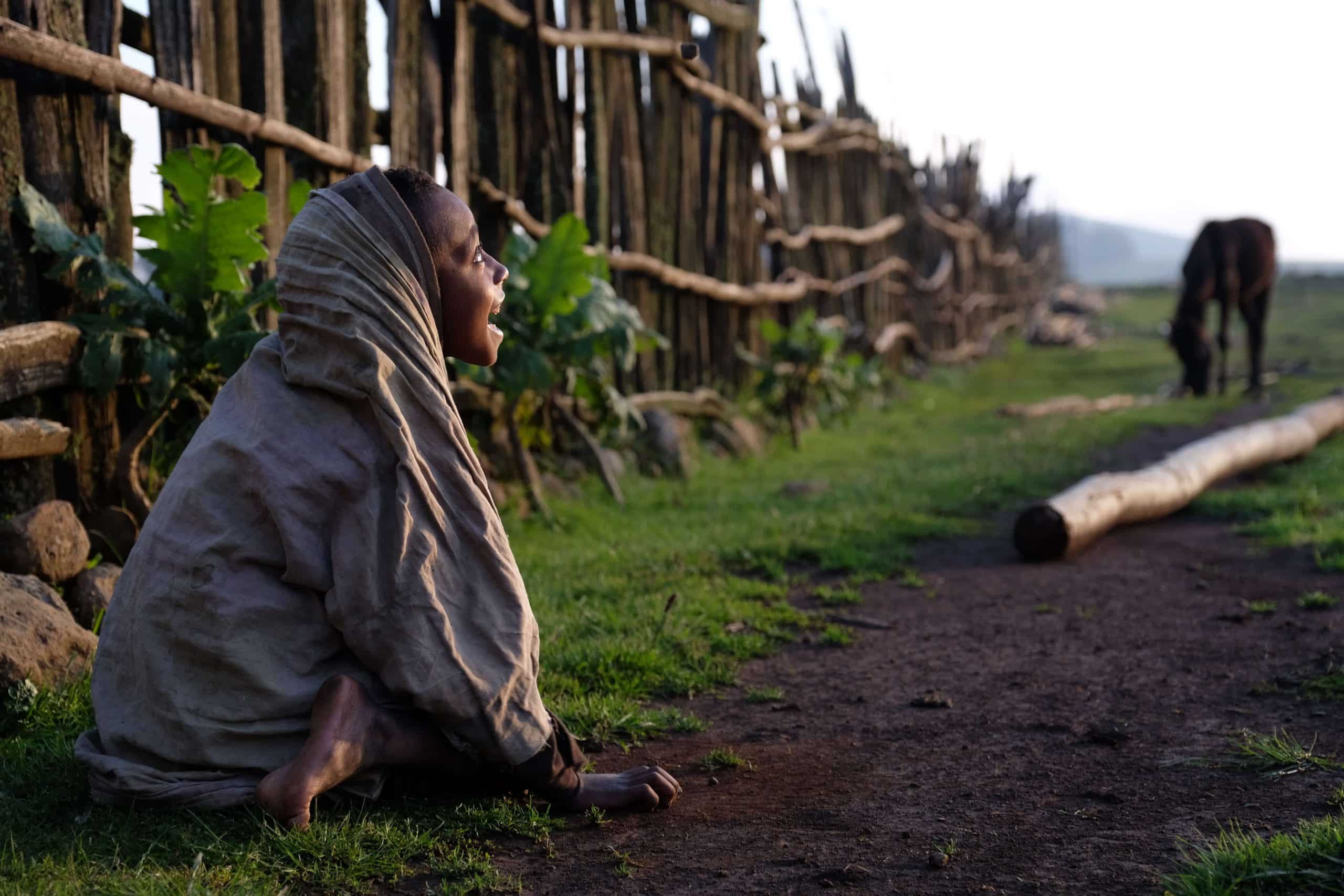 A child sits along a fenceline looking up at the sky